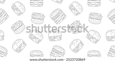 doodle burger pattern background. doodle fast food burger seamless pattern background. seamless pattern of hamburger in doodle style. Seamless Pattern of a Cheese Burger or Hamburger.