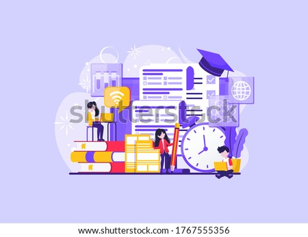 People studying for university exam. Student writing, taking distant test on computer. Concept of online exam, online survey, testing, e-learning. Vector illustration in flat design for UI, banner, mobile app. V