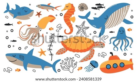 Set of sea and ocean animals turtle, squid, fishes, whale, octopus, submarine cartoon vector illustration