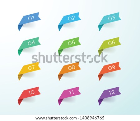 Number Bullet Point 1 to 12 Colorful Label Ribbons Set