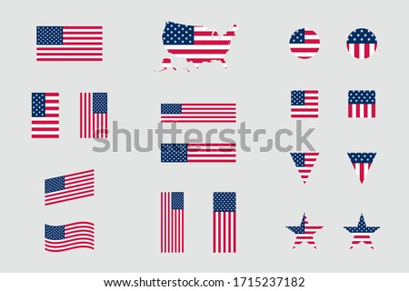 USA American Flag Icon Different Shapes Flat Vector Set
