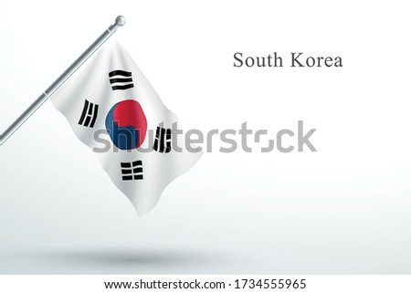 South Korea Flag Waving Hanging Down 3d Flagpole Vector
