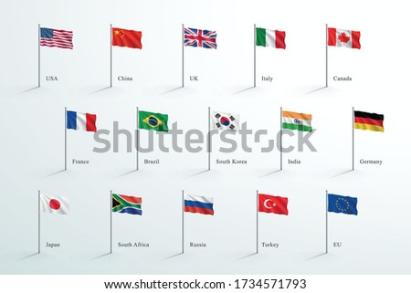 Flags Of The World Flying On 3d Flagpole Vector Set