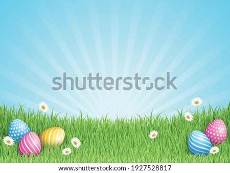 Easter Eggs Green Grass Border Blue Sky Background