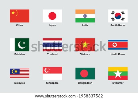 Asia Flags Official Proportions Flat Vector Set