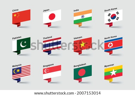 Asia Flags 3d Folded Paper Ribbon Shapes Vector Set