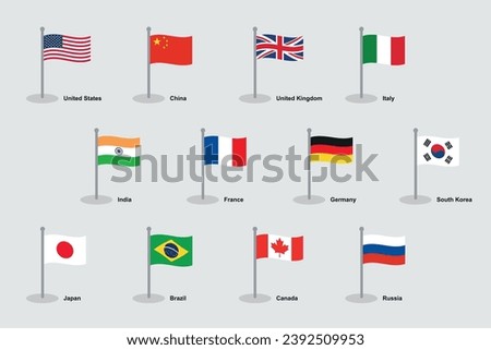 World Flags Set Vector Official Proportions Waving Flagpole