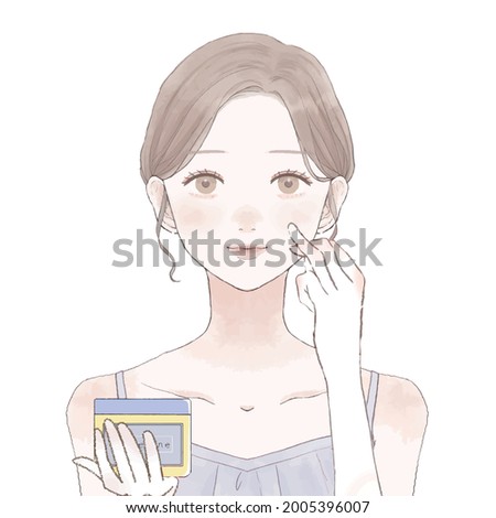 A woman who moisturizes by applying Vaseline to her face. On a white background.