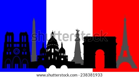 illustration of the main attractions of France on the background of the flag.