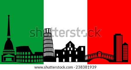 illustration of the main attractions of Italy on the background of the flag.