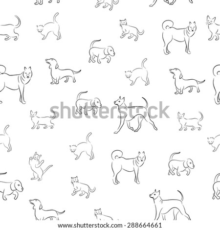 seamless pattern in black and white with the image of animals - cats and dogs
