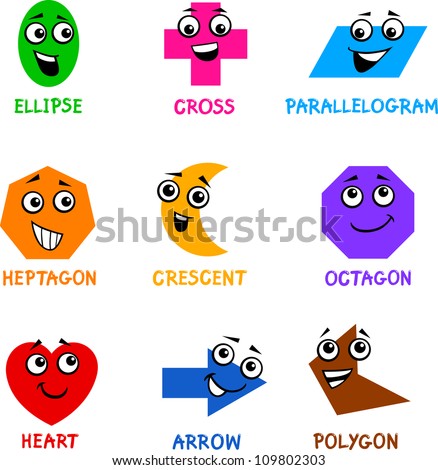 Cartoon Illustration of Basic Geometric Shapes Comic Characters with Captions for Children Education