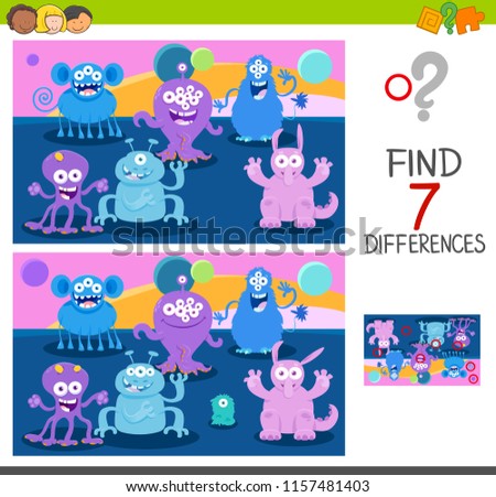 Cartoon Illustration of Finding Seven Differences Between Pictures Educational Game for Children with Cute Monster Characters