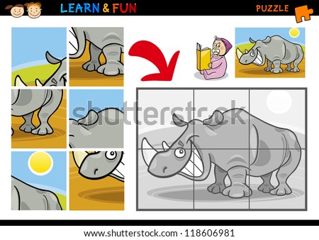 Cartoon Illustration of Education Puzzle Game for Preschool Children with Funny Rhino or Rhinoceros Animal