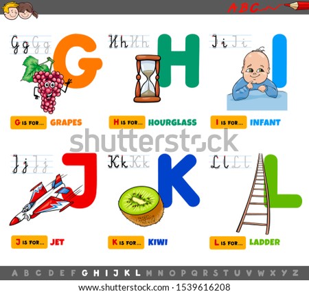 Cartoon Illustration of Capital Letters Alphabet Educational Set for Reading and Writing Learning for Children from G to L