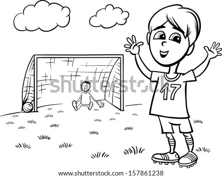 Black And White Cartoon Illustration Of Cute Boy Playing Football Or ...