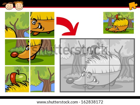 Cartoon Vector Illustration of Education Jigsaw Puzzle Game for Preschool Children with Funny Hedgehog Animal