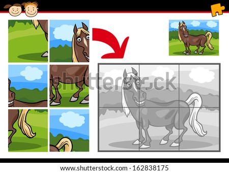 Cartoon Vector Illustration of Education Jigsaw Puzzle Game for Preschool Children with Funny Horse Farm Animal