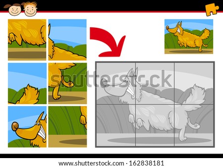 Cartoon Vector Illustration of Education Jigsaw Puzzle Game for Preschool Children with Funny Shaggy Dog