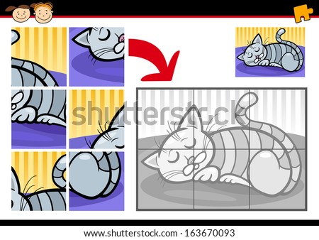 Cartoon Vector Illustration of Education Jigsaw Puzzle Game for Preschool Children with Funny Sleeping Cat