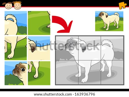 Cartoon Vector Illustration of Education Jigsaw Puzzle Game for Preschool Children with Funny Pug Dog