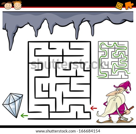 Cartoon Vector Illustration of Education Maze or Labyrinth Game for Preschool Children with Funny Dwarf in Mine and Diamond Gem