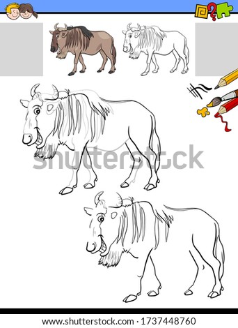 Cartoon Illustration of Drawing and Coloring Educational Activity for Children with Funny Wildebeest or Gnu Antelope Animal Character