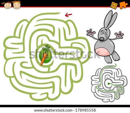 Cartoon Vector Illustration of Education Maze or Labyrinth Game for Preschool Children with Cute Rabbit or Bunny and Carrot