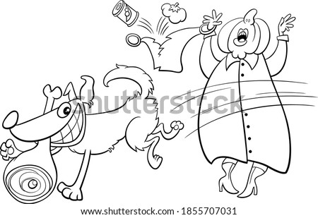 Black and white cartoon illustration of funny naughty dog stealing ham from an old lady coloring book page