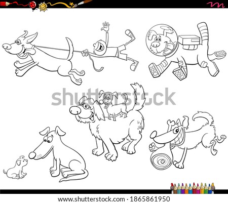 Black and white cartoon illustration of dogs comic characters set coloring book page