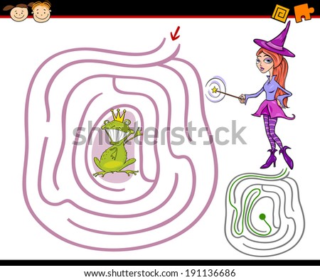 Cartoon Vector Illustration of Education Maze or Labyrinth Game for Preschool Children with Witch or Fairy and Prince Turned into a Frog