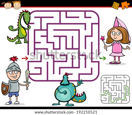 Cartoon Vector Illustration of Education Maze or Labyrinth Game for Preschool Children with Little Boy Knight and Girl Princess