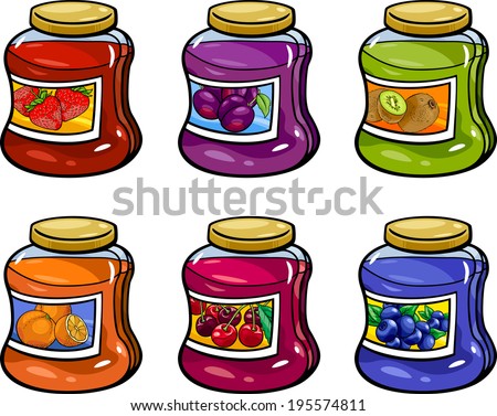 Cartoon Vector Illustration of Various Fruit Jams in Jars Set