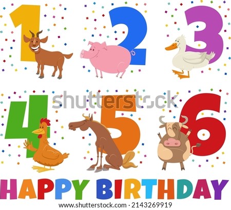 Cartoon illustration design of the birthday greeting cards set for children with farm animal characters