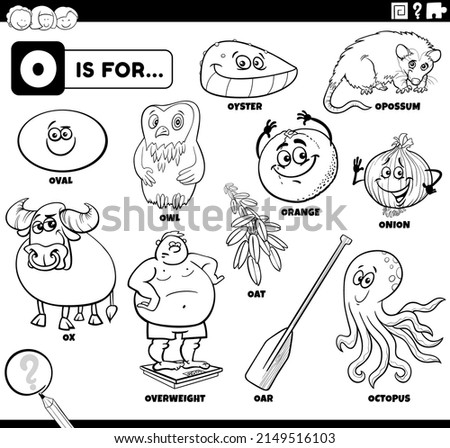 Black and white educational cartoon illustration for children with comic characters and objects set for letter O coloring book page Foto stock © 