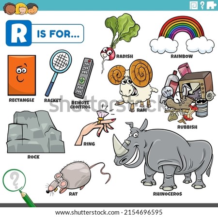 educational cartoon illustration for children with comic characters and objects set for letter R Stock fotó © 