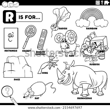 Black and white educational cartoon illustration for children with comic characters and objects set for letter R coloring book page Stock fotó © 
