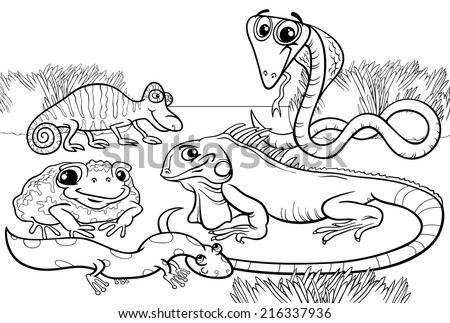 Black and White Cartoon Vector Illustrations of Funny Reptiles and Amphibians Animals Characters Group for Coloring Book
