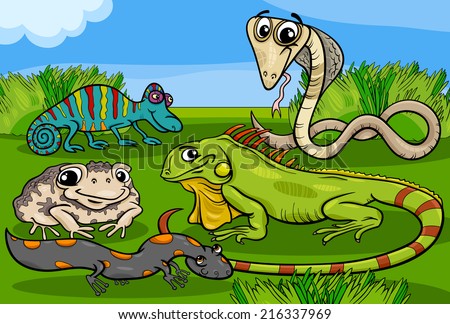 Cartoon Vector Illustrations of Funny Reptiles and Amphibians Animals Characters Group