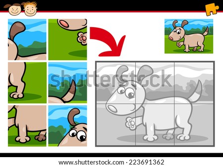 Cartoon Vector Illustration of Education Jigsaw Puzzle Game for Preschool Children with Funny Puppy Dog