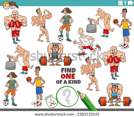 Cartoon illustration of find one of a kind picture educational game with athlete characters