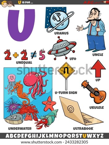 Cartoon illustration of objects and characters set for letter U