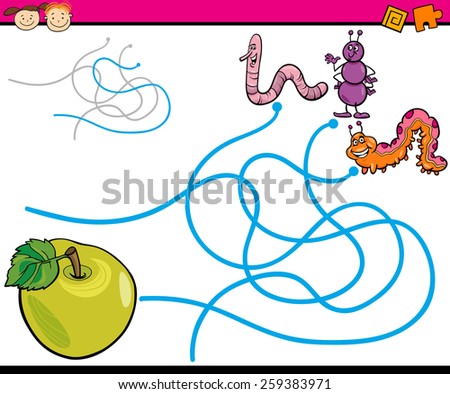 Cartoon Vector Illustration of Education Path or Maze Game for Preschool Children with Insects and Apple