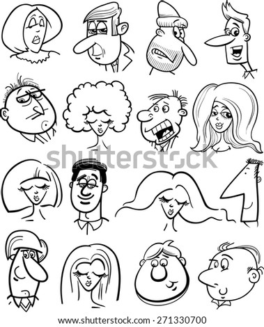 Black And White Cartoon Vector Illustration Of People Characters Faces ...