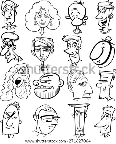 Black And White Cartoon Vector Illustration Of People Characters Faces ...