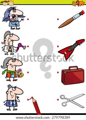 Cartoon Illustration of Education Element Matching Game for Preschool Children with People Occupations