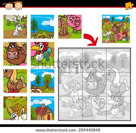 Cartoon Vector Illustration of Education Jigsaw Puzzle Game for Preschool Children with Farm Animals Characters Group
