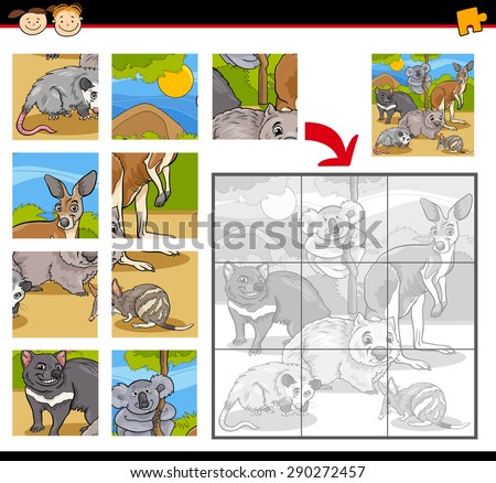 Cartoon Vector Illustration of Education Jigsaw Puzzle Game for Preschool Children with Wild Australian Animals Characters Group