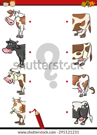Cartoon Vector Illustration of Education Matching Elements Halves Game for Preschool Children with Cow Animal Characters