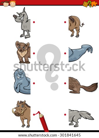 Cartoon Vector Illustration of Education Match Halves Game for Preschool Children with Animal Characters